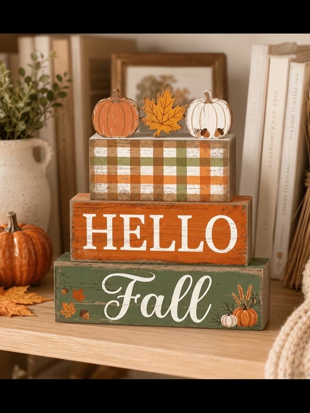 Hello Fall Wooden Block Decor - Orange & Green